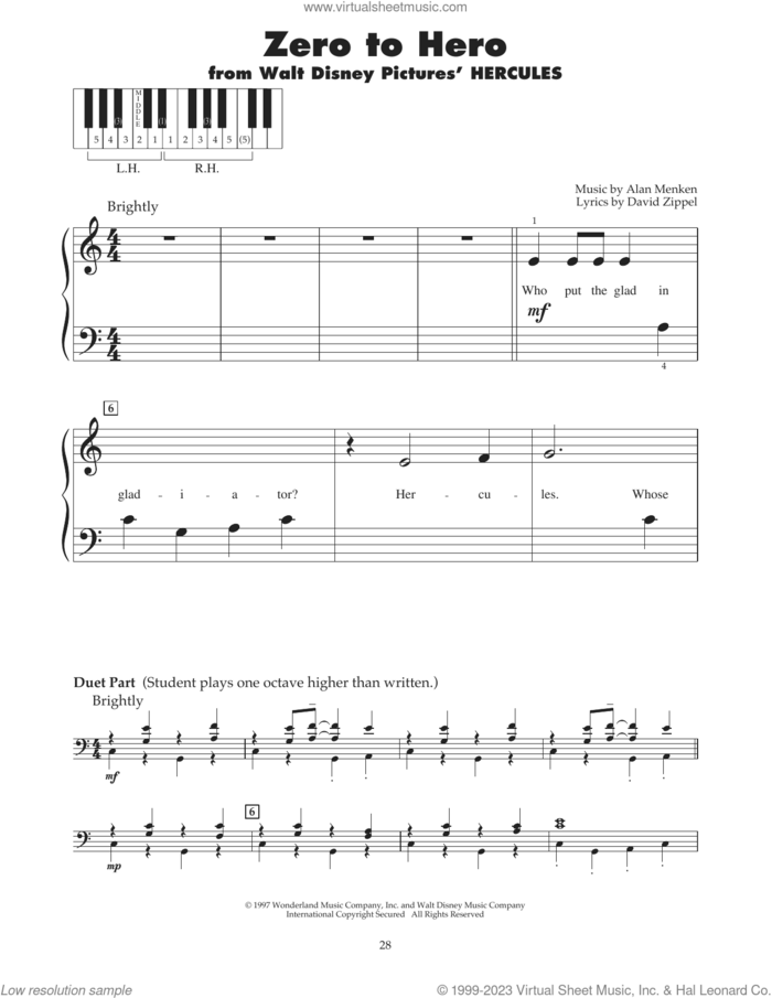 Zero To Hero (from Hercules) sheet music for piano solo (5-fingers) by Alan Menken, Alan Menken & David Zippel and David Zippel, beginner piano (5-fingers)