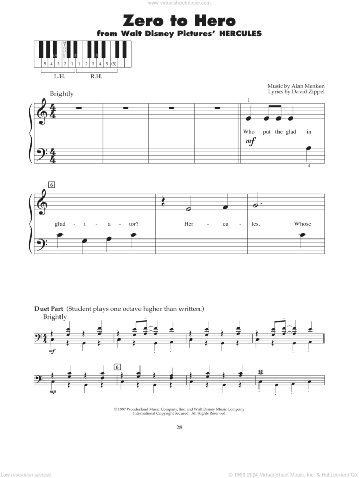 Zero To Hero (from Hercules) sheet music for piano solo (5-fingers) by Alan Menken, Alan Menken & David Zippel and David Zippel, beginner piano (5-fingers)