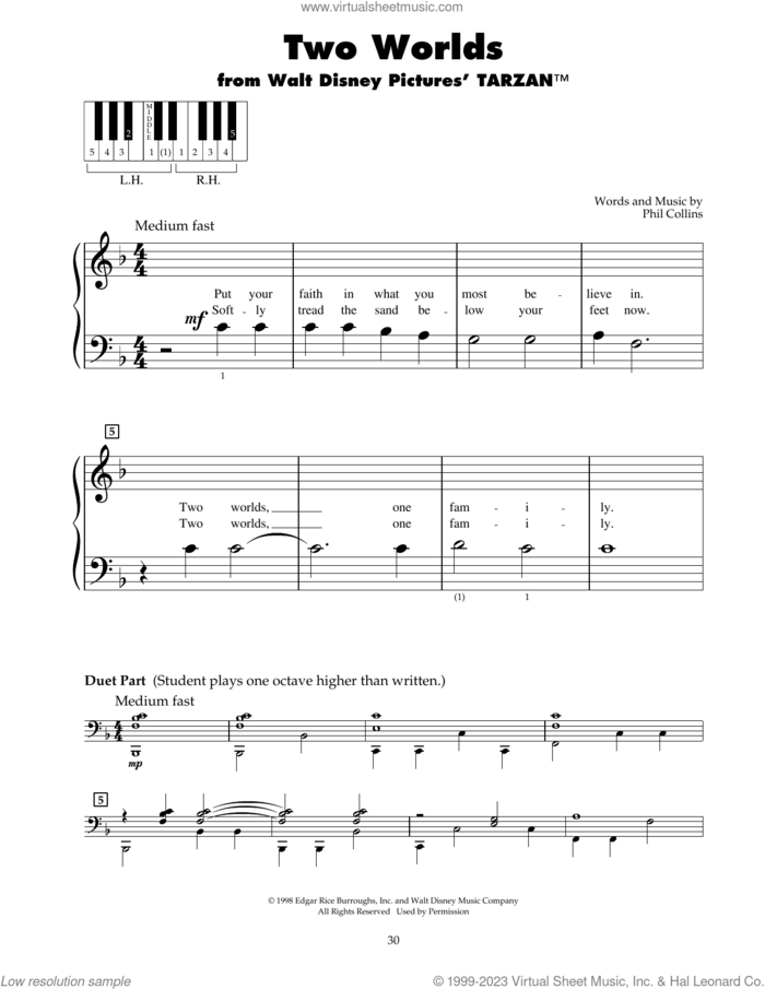 Two Worlds (from Tarzan) sheet music for piano solo (5-fingers) by Phil Collins, beginner piano (5-fingers)