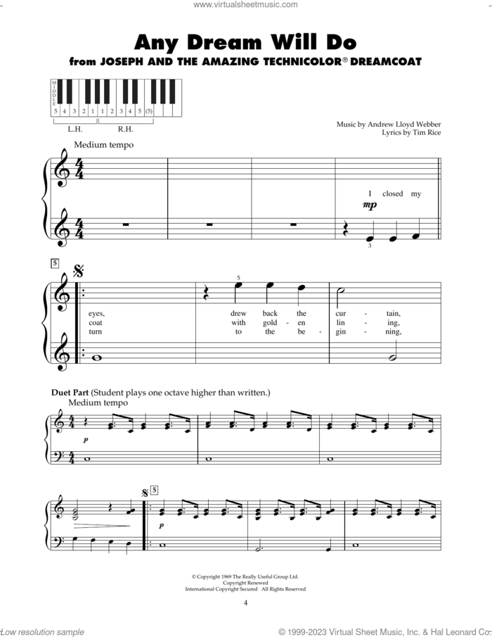 Any Dream Will Do (from Joseph And The Amazing Technicolor Dreamcoat) sheet music for piano solo (5-fingers) by Andrew Lloyd Webber and Tim Rice, beginner piano (5-fingers)