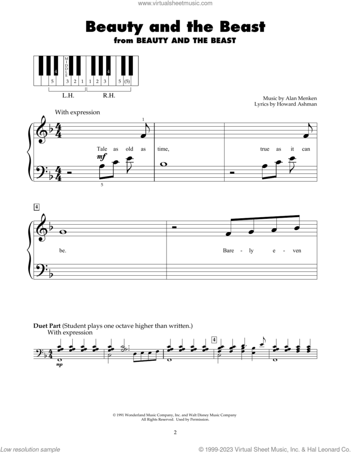 Beauty And The Beast sheet music for piano solo (5-fingers) by Alan Menken, Celine Dion & Peabo Bryson, Alan Menken & Howard Ashman and Howard Ashman, beginner piano (5-fingers)