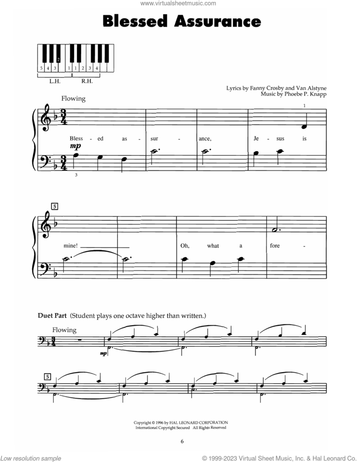 Blessed Assurance sheet music for piano solo (5-fingers) by Fanny J. Crosby and Phoebe Palmer Knapp, beginner piano (5-fingers)