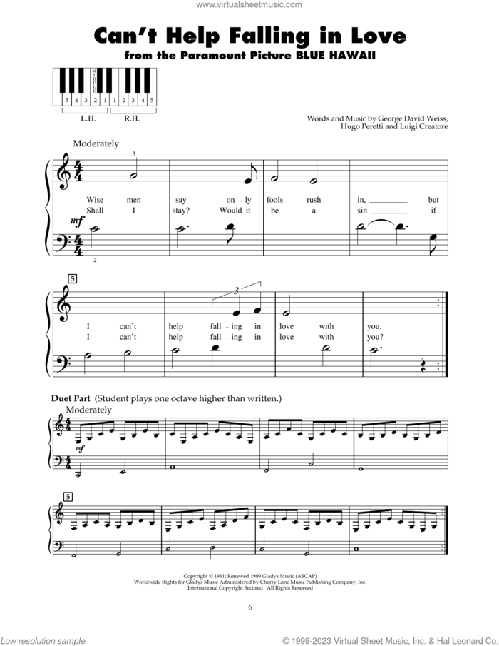 Can't Help Falling In Love sheet music for piano solo (5-fingers) by Elvis Presley, George David Weiss, Hugo Peretti and Luigi Creatore, beginner piano (5-fingers)