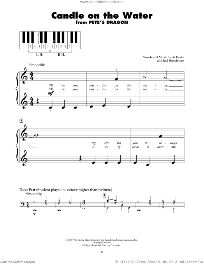 Candle On The Water (from Pete's Dragon) sheet music for piano solo (5-fingers) by Al Kasha and Joel Hirschhorn, beginner piano (5-fingers)