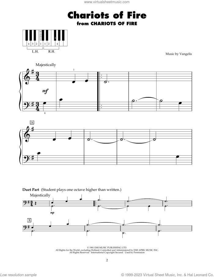 Chariots Of Fire sheet music for piano solo (5-fingers) by Vangelis, beginner piano (5-fingers)