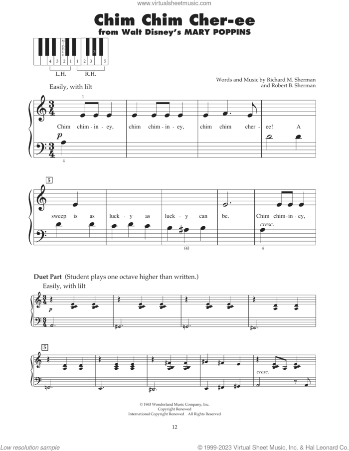 Chim Chim Cher-ee (from Mary Poppins) sheet music for piano solo (5-fingers) by Dick Van Dyke, Richard M. Sherman and Robert B. Sherman, beginner piano (5-fingers)