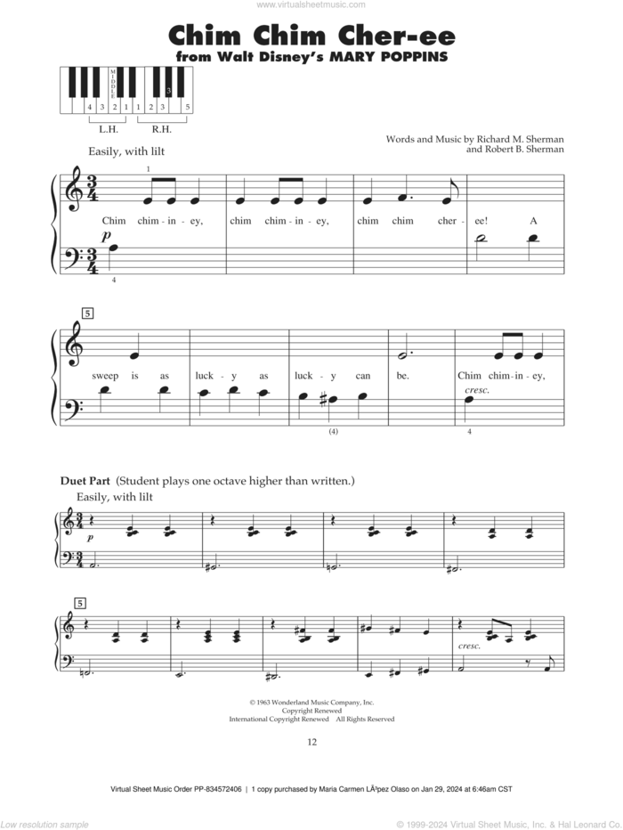 Chim Chim Cher-ee (from Mary Poppins) sheet music for piano solo (5-fingers) by Dick Van Dyke, Richard M. Sherman and Robert B. Sherman, beginner piano (5-fingers)