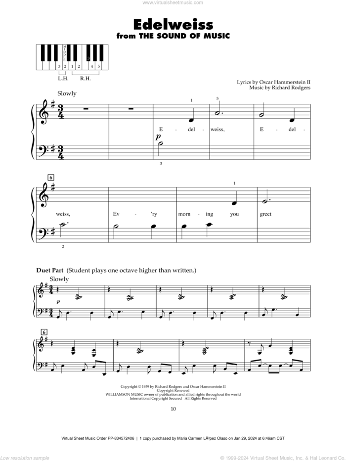 Edelweiss (from The Sound Of Music) sheet music for piano solo (5-fingers) by Richard Rodgers, Oscar II Hammerstein and Rodgers & Hammerstein, beginner piano (5-fingers)