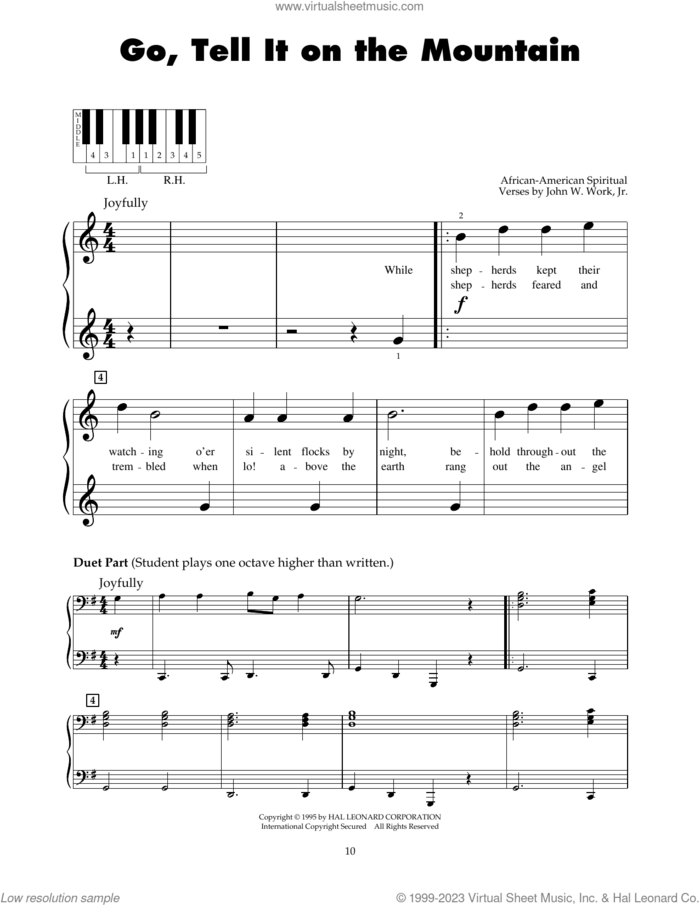 Go, Tell It On The Mountain sheet music for piano solo (5-fingers) by John W. Work, Jr. and Miscellaneous, beginner piano (5-fingers)