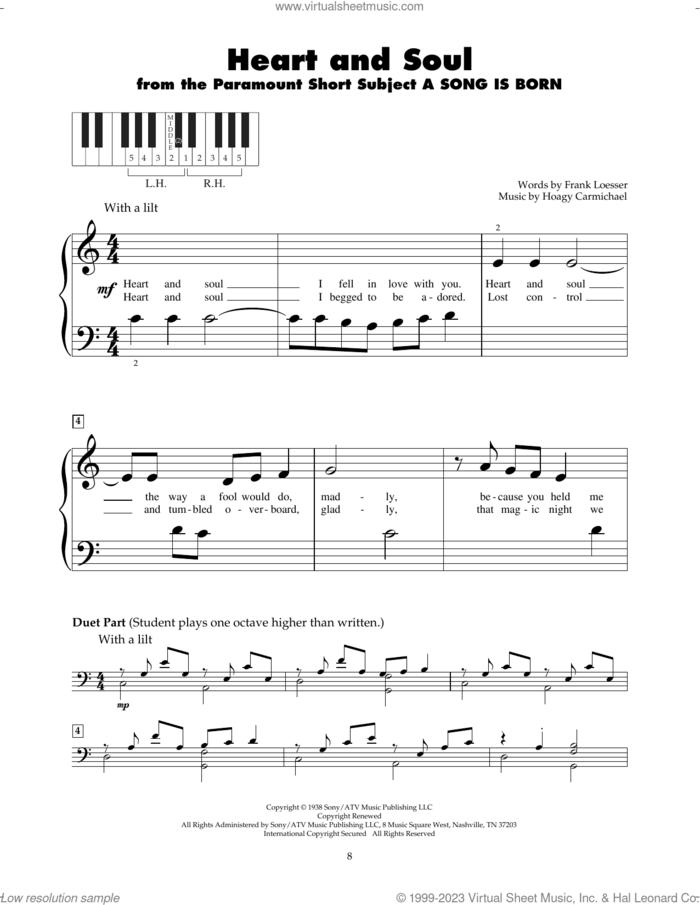 Heart And Soul sheet music for piano solo (5-fingers) by Frank Loesser and Hoagy Carmichael, beginner piano (5-fingers)
