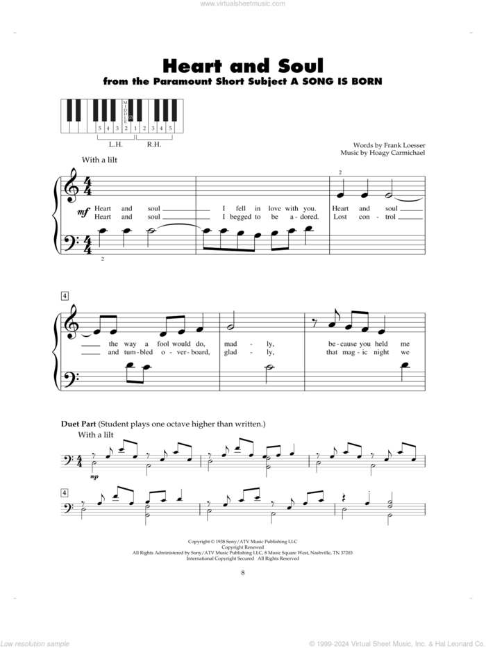 Heart And Soul sheet music for piano solo (5-fingers) by Frank Loesser and Hoagy Carmichael, beginner piano (5-fingers)