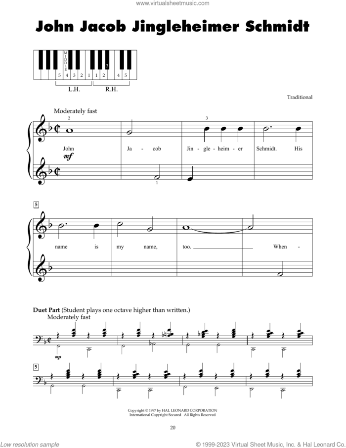 John Jacob Jingleheimer Schmidt sheet music for piano solo (5-fingers), beginner piano (5-fingers)