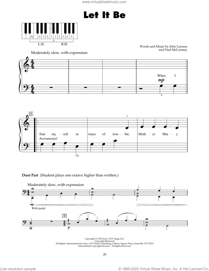 Let It Be sheet music for piano solo (5-fingers) by The Beatles, John Lennon and Paul McCartney, beginner piano (5-fingers)