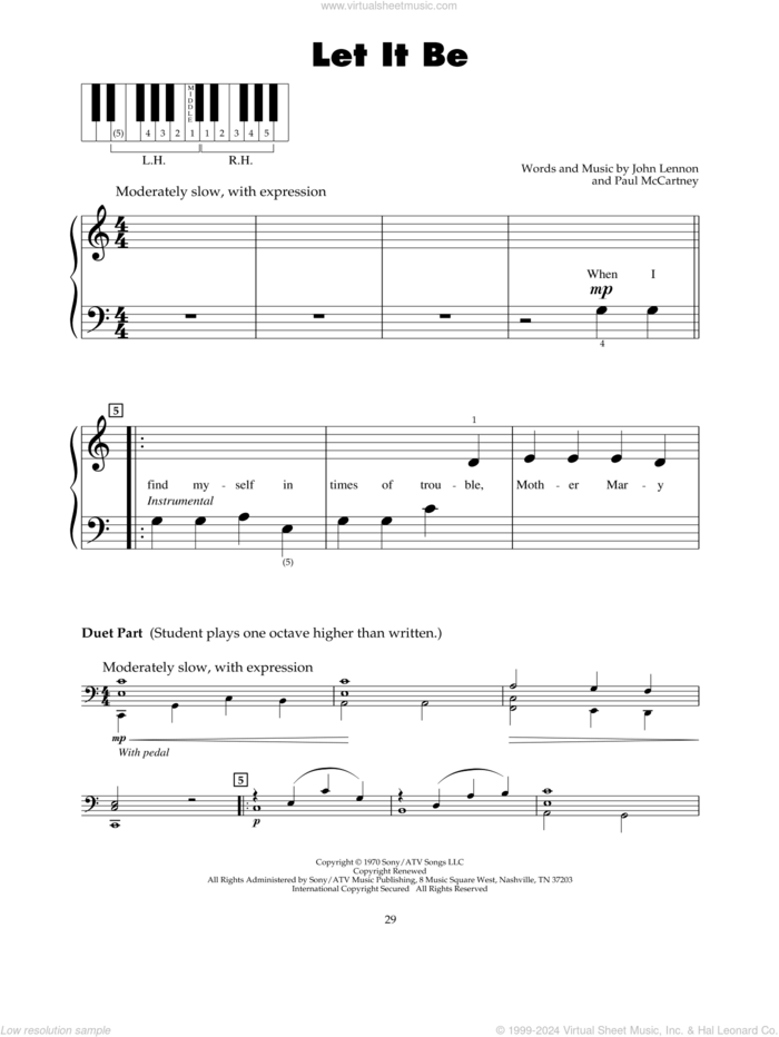 Let It Be sheet music for piano solo (5-fingers) by The Beatles, John Lennon and Paul McCartney, beginner piano (5-fingers)