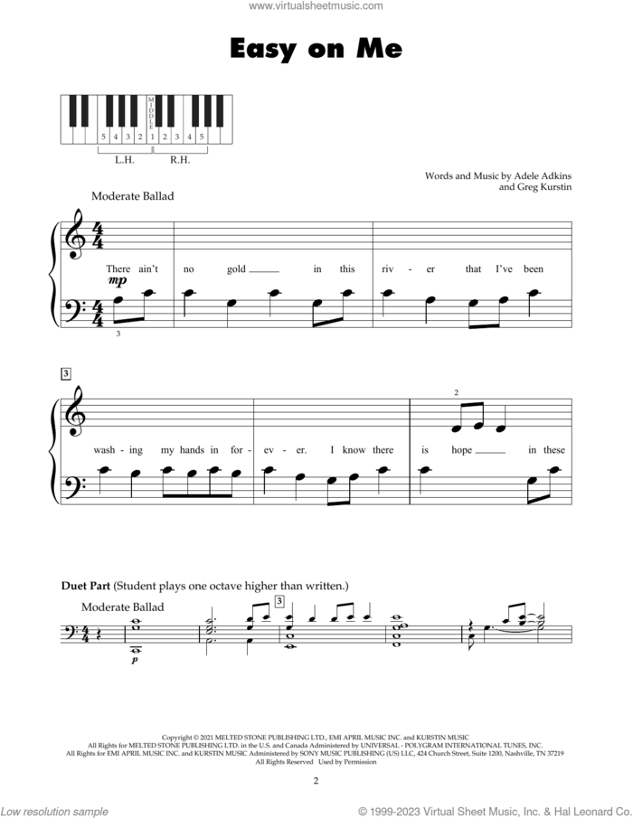 Easy On Me sheet music for piano solo (5-fingers) by Adele, Adele Adkins and Greg Kurstin, beginner piano (5-fingers)