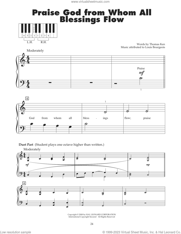 Praise God, From Whom All Blessings Flow sheet music for piano solo (5-fingers) by Thomas Ken, Carol Klose and Louis Bourgeois, beginner piano (5-fingers)