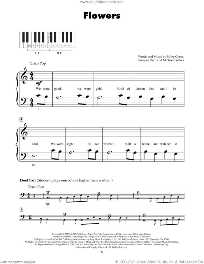 Flowers sheet music for piano solo (5-fingers) by Miley Cyrus, Gregory Hein and Michael Pollack, beginner piano (5-fingers)
