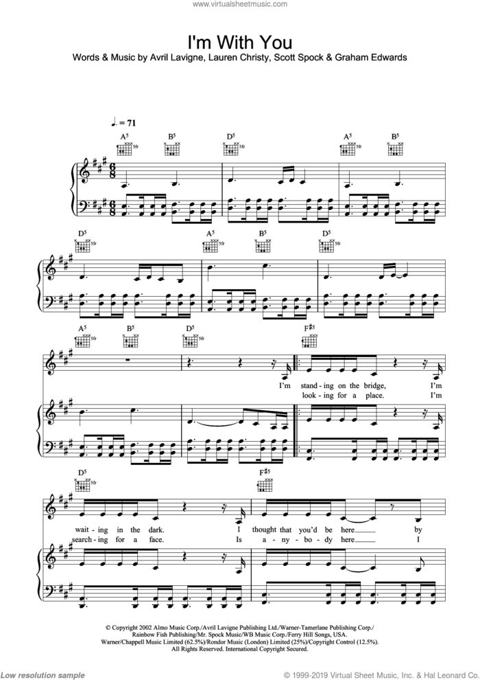 I'm With You sheet music for voice, piano or guitar by Avril Lavigne, Graham Edwards, Lauren Christy and Scott Spock, intermediate skill level