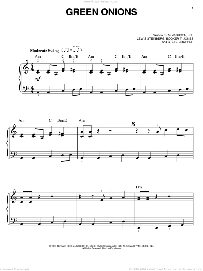 Green Onions, (easy) sheet music for piano solo by Booker T. & The MG's, Al Jackson Jr., Booker T. Jones and Lewis Steinberg, easy skill level