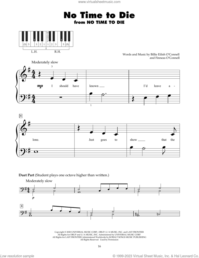 No Time To Die sheet music for piano solo (5-fingers) by Billie Eilish, beginner piano (5-fingers)