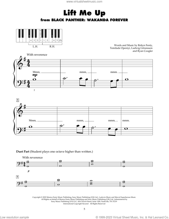 Lift Me Up (from Black Panther: Wakanda Forever) sheet music for piano solo (5-fingers) by Rihanna, Ludwig Goransson, Robyn Fenty, Ryan Coogler and Temilade Openiyi, beginner piano (5-fingers)
