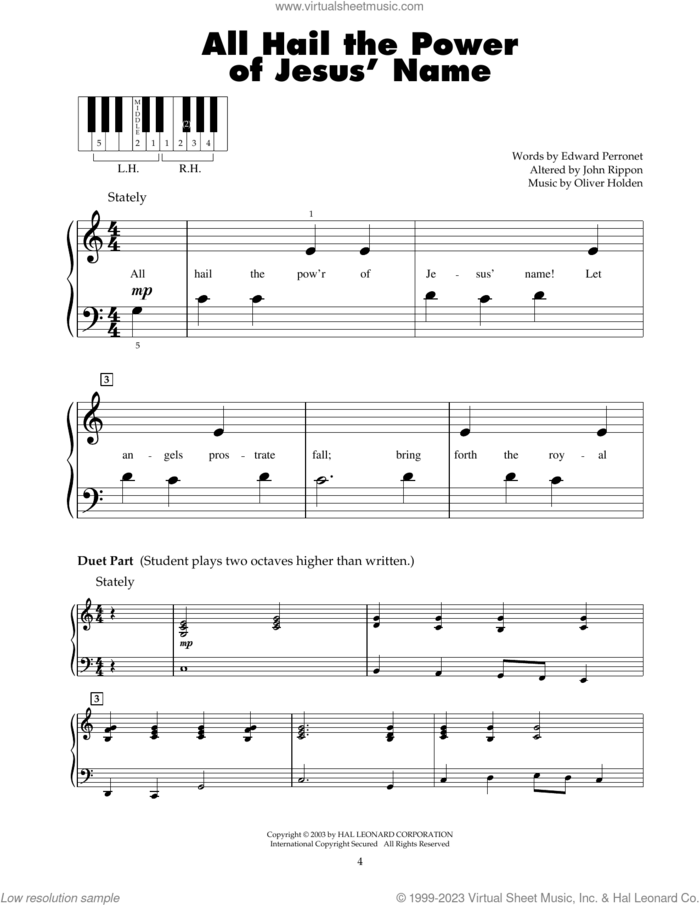 All Hail The Power Of Jesus' Name sheet music for piano solo (5-fingers) by Edward Perronet, John Rippon and Oliver Holden, beginner piano (5-fingers)