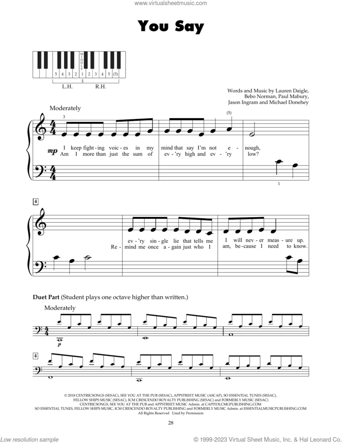 You Say sheet music for piano solo (5-fingers) by Lauren Daigle, Bebo Norman, Jason Ingram, Michael Donehey and Paul Mabury, beginner piano (5-fingers)