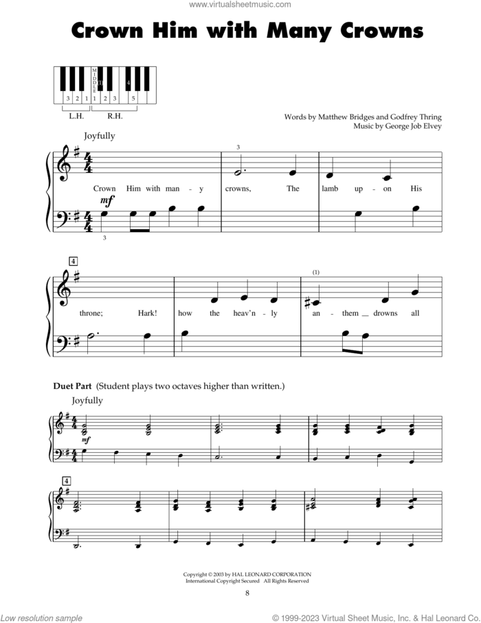 Crown Him With Many Crowns sheet music for piano solo (5-fingers) by George Job Elvey, Godfrey Thring and Matthew Bridges, beginner piano (5-fingers)