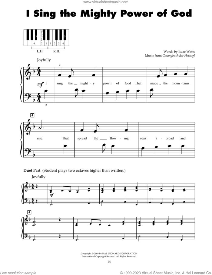 I Sing The Mighty Power Of God sheet music for piano solo (5-fingers) by Isaac Watts and Gesangbuch der Herzogl, beginner piano (5-fingers)