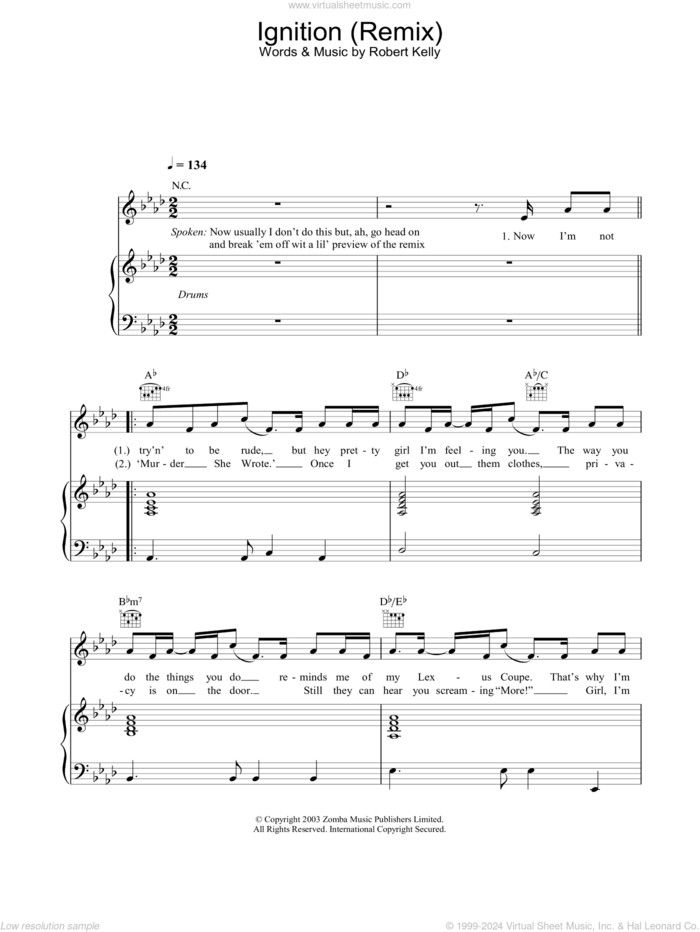 Ignition (Remix) sheet music for voice, piano or guitar by Robert Kelly, intermediate skill level