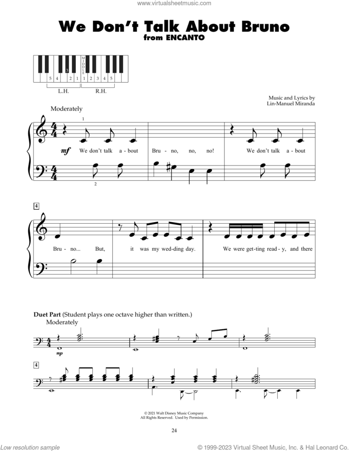 We Don't Talk About Bruno (from Encanto) sheet music for piano solo (5-fingers) by Lin-Manuel Miranda and Carolina Gaitan, Mauro Castillo, Adassa, Rhenzy, beginner piano (5-fingers)