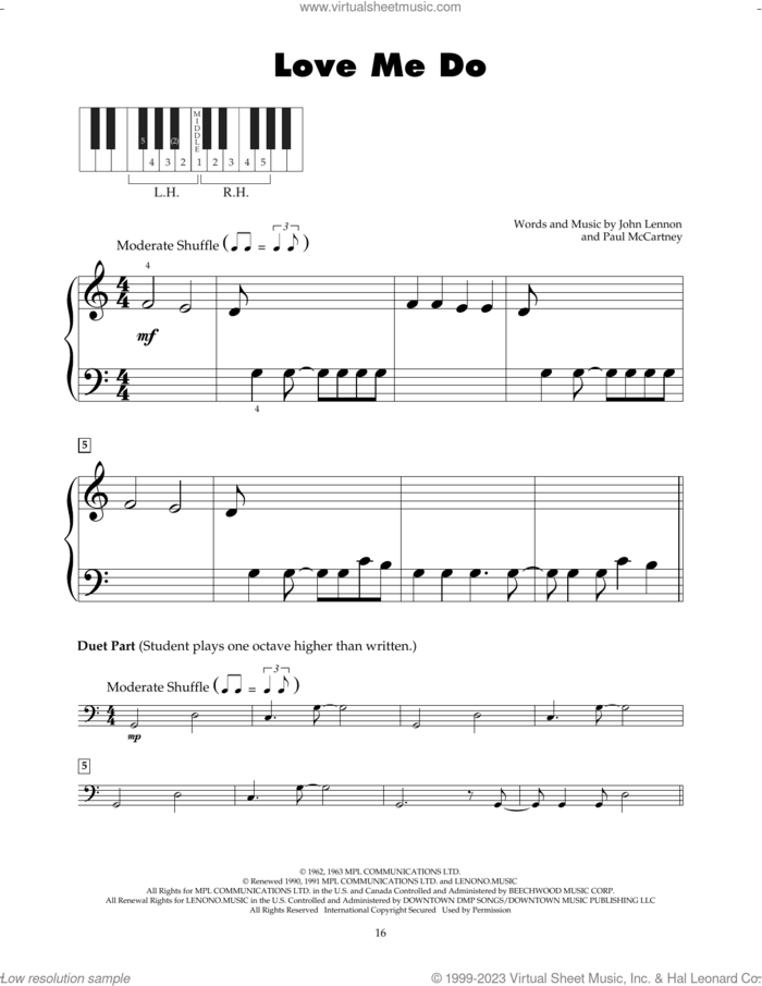 Love Me Do sheet music for piano solo (5-fingers) by The Beatles, John Lennon and Paul McCartney, beginner piano (5-fingers)