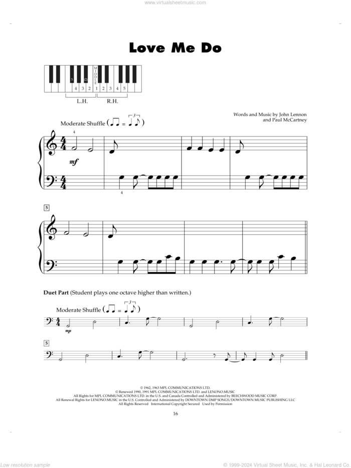 Love Me Do sheet music for piano solo (5-fingers) by The Beatles, John Lennon and Paul McCartney, beginner piano (5-fingers)