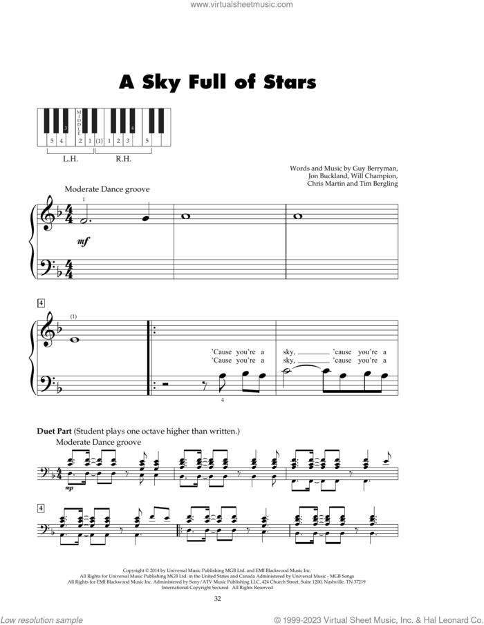 A Sky Full Of Stars sheet music for piano solo (5-fingers) by Coldplay, Chris Martin, Guy Berryman, Jon Buckland, Tim Bergling and Will Champion, beginner piano (5-fingers)
