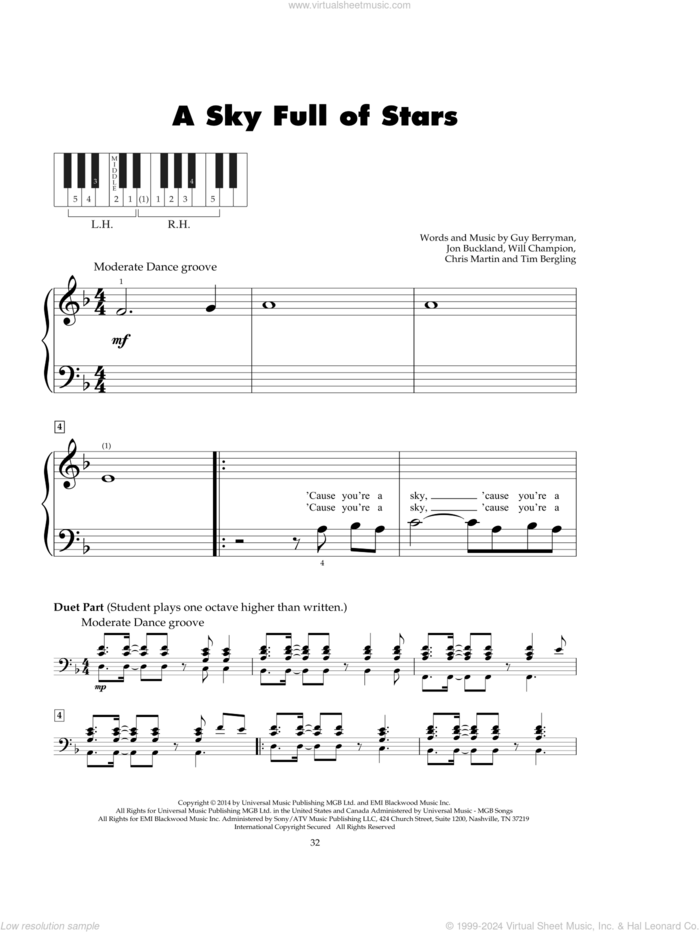 A Sky Full Of Stars sheet music for piano solo (5-fingers) by Coldplay, Chris Martin, Guy Berryman, Jon Buckland, Tim Bergling and Will Champion, beginner piano (5-fingers)