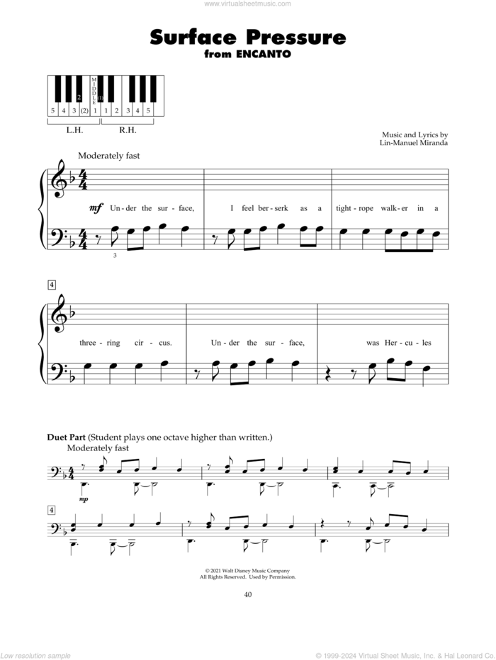 Surface Pressure (from Encanto) sheet music for piano solo (5-fingers) by Lin-Manuel Miranda and Jessica Darrow, beginner piano (5-fingers)