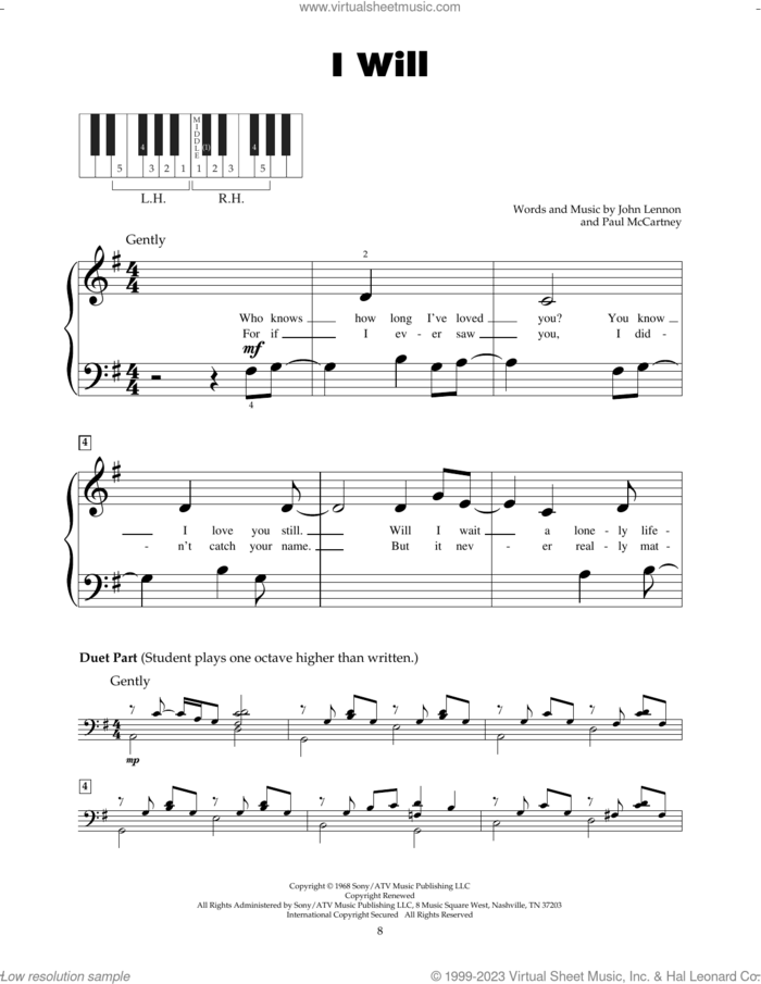 I Will sheet music for piano solo (5-fingers) by The Beatles, John Lennon and Paul McCartney, beginner piano (5-fingers)