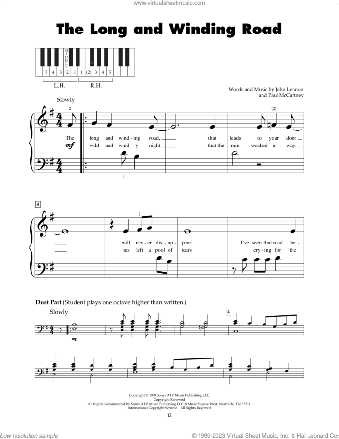 The Long And Winding Road sheet music for piano solo (5-fingers) by The Beatles, John Lennon and Paul McCartney, beginner piano (5-fingers)