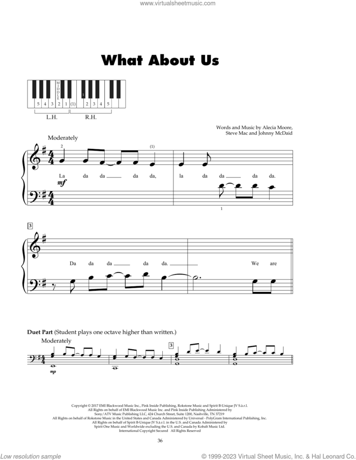 What About Us sheet music for piano solo (5-fingers) by P!nk, Alecia Moore, Johnny McDaid and Steve Mac, beginner piano (5-fingers)