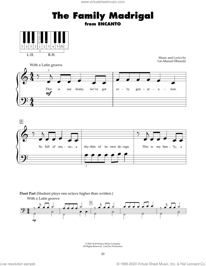 The Family Madrigal (from Encanto) sheet music for piano solo (5-fingers) by Lin-Manuel Miranda and Stephanie Beatriz, Olga Merediz & Encanto Cast, beginner piano (5-fingers)