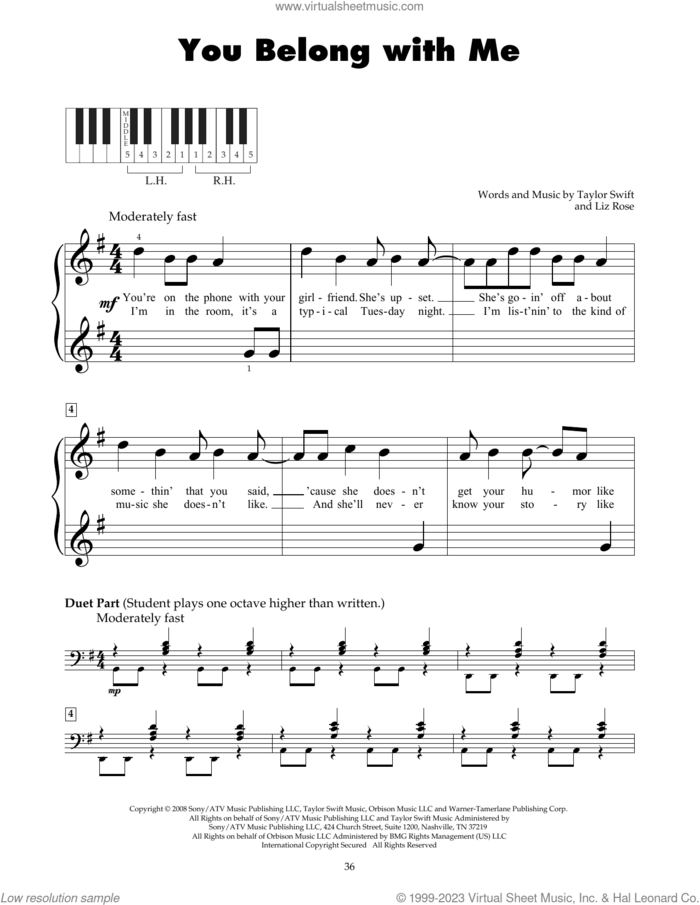 You Belong With Me sheet music for piano solo (5-fingers) by Taylor Swift and Liz Rose, beginner piano (5-fingers)