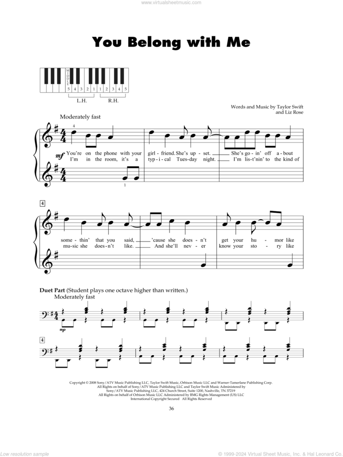 You Belong With Me sheet music for piano solo (5-fingers) by Taylor Swift and Liz Rose, beginner piano (5-fingers)