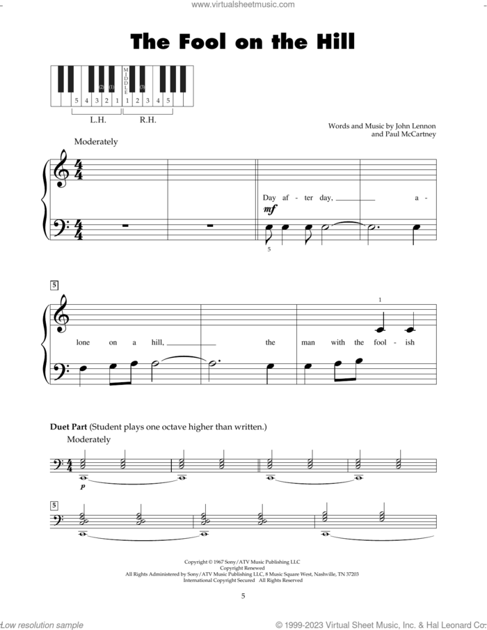 The Fool On The Hill sheet music for piano solo (5-fingers) by The Beatles, John Lennon and Paul McCartney, beginner piano (5-fingers)