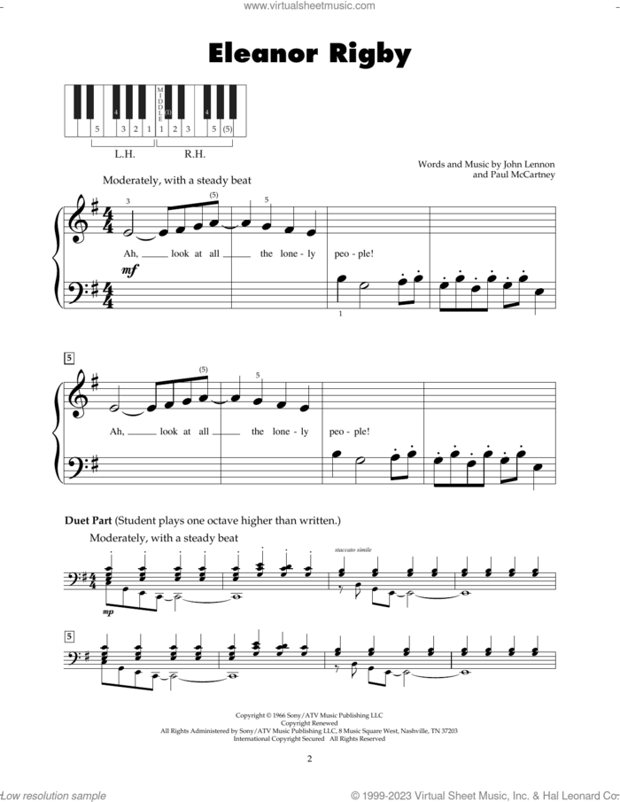 Eleanor Rigby sheet music for piano solo (5-fingers) by The Beatles, John Lennon and Paul McCartney, beginner piano (5-fingers)