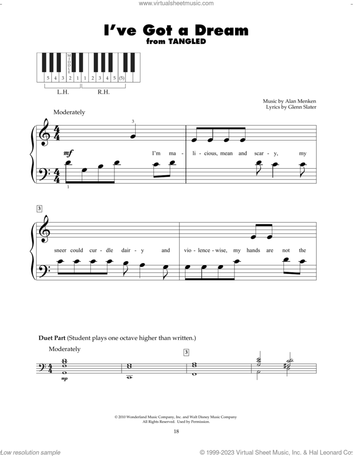 I've Got A Dream (from Tangled) sheet music for piano solo (5-fingers) by Mandy Moore, Alan Menken and Glenn Slater, beginner piano (5-fingers)