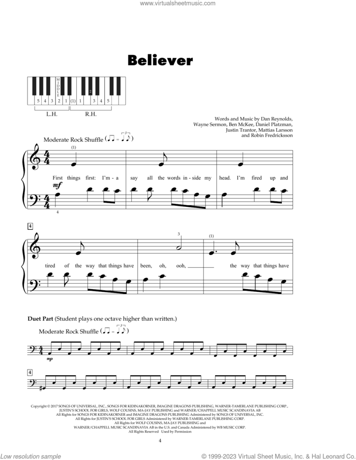 Believer sheet music for piano solo (5-fingers) by Imagine Dragons, Ben McKee, Dan Reynolds, Daniel Platzman, Justin Tranter, Mattias Larsson, Robin Fredriksson and Wayne Sermon, beginner piano (5-fingers)