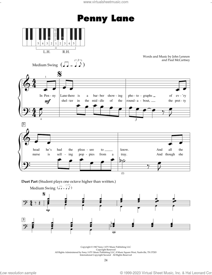 Penny Lane sheet music for piano solo (5-fingers) by The Beatles, John Lennon and Paul McCartney, beginner piano (5-fingers)