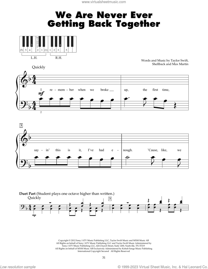 We Are Never Ever Getting Back Together sheet music for piano solo (5-fingers) by Taylor Swift, Max Martin and Shellback, beginner piano (5-fingers)