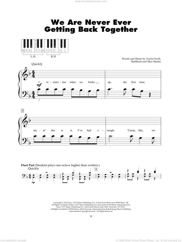 We Are Never Ever Getting Back Together sheet music for piano solo (5-fingers) by Taylor Swift, Max Martin and Shellback, beginner piano (5-fingers)