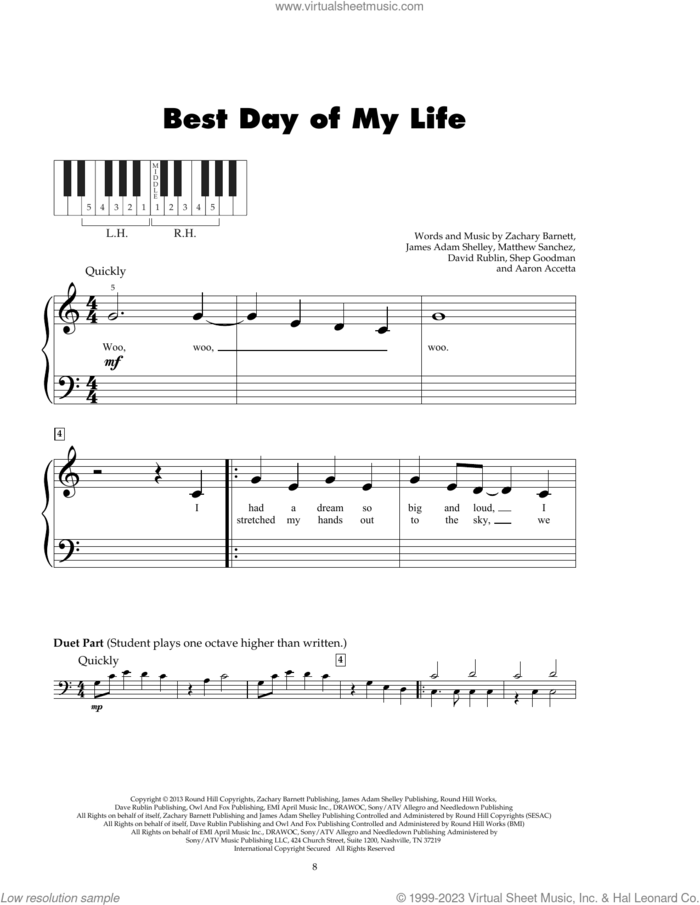 Best Day Of My Life sheet music for piano solo (5-fingers) by American Authors, Aaron Accetta, David Rublin, James Adam Shelley, Matthew Sanchez, Shep Goodman and Zachary Barnett, beginner piano (5-fingers)